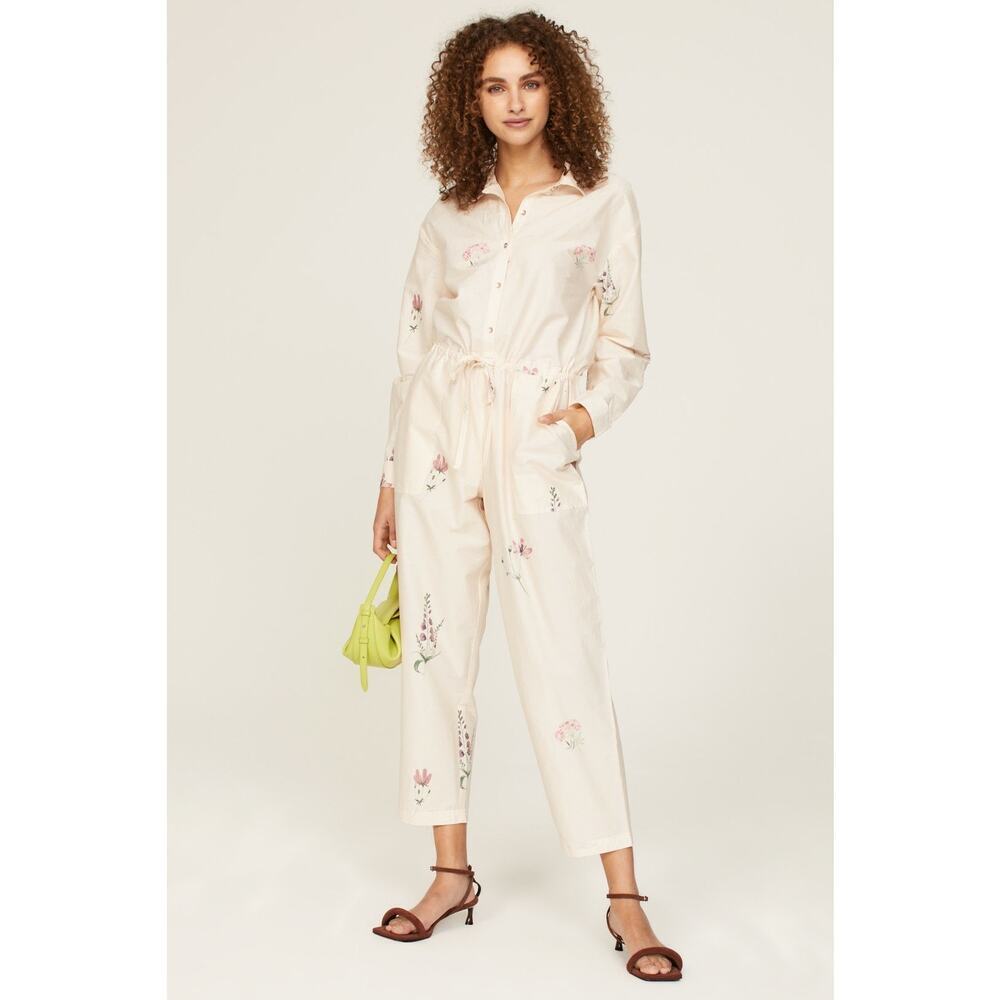 SPLENDID White Bloom Speckled Tie Waist Oversized Button Front Jumpsuit Size L